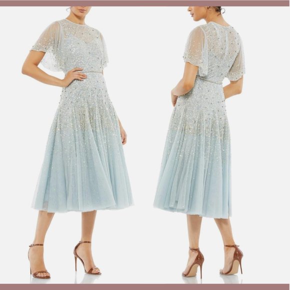 NWT $598 Mac Duggal [ 14 ] Cape Sleeve Beaded Tea A-Line Dress Powder Blue‎ - Picture 16 of 16